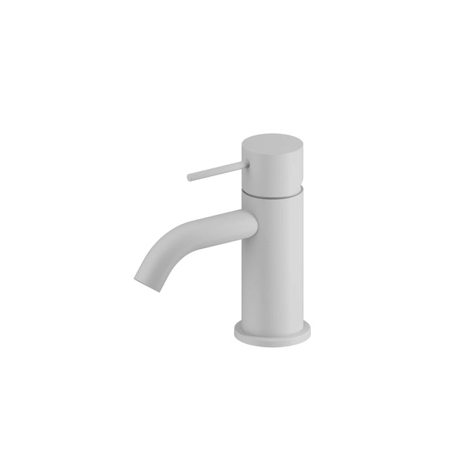 Nero Mecca 140x52mm Mini matte white basin mixer by Tilemall with cylindrical body and curved spout