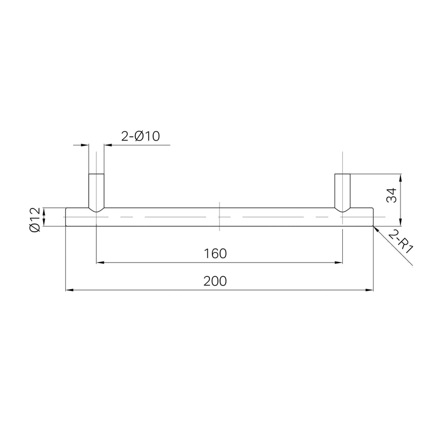 Technical specifications for Nero Mecca pull handle showing 200mm overall length by Tilemall