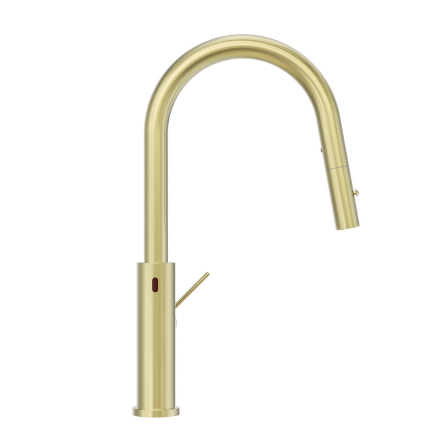Nero Mecca 265x115mm brushed gold kitchen mixer showing sensor activation point and retractable spray head by Tilemall