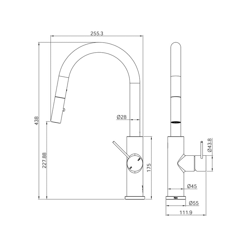Technical installation dimensions for Nero Mecca 265x115mm pull out kitchen mixer by Tilemall