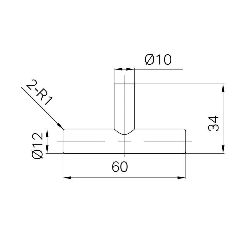 Technical specifications for Nero Mecca T-pull handle showing 60mm width and 34mm height by Tilemall