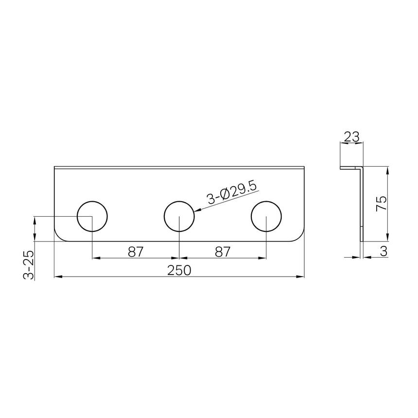 Technical specifications for Nero Mecca triple soap holder showing 250mm width and mounting hole dimensions by Tilemall
