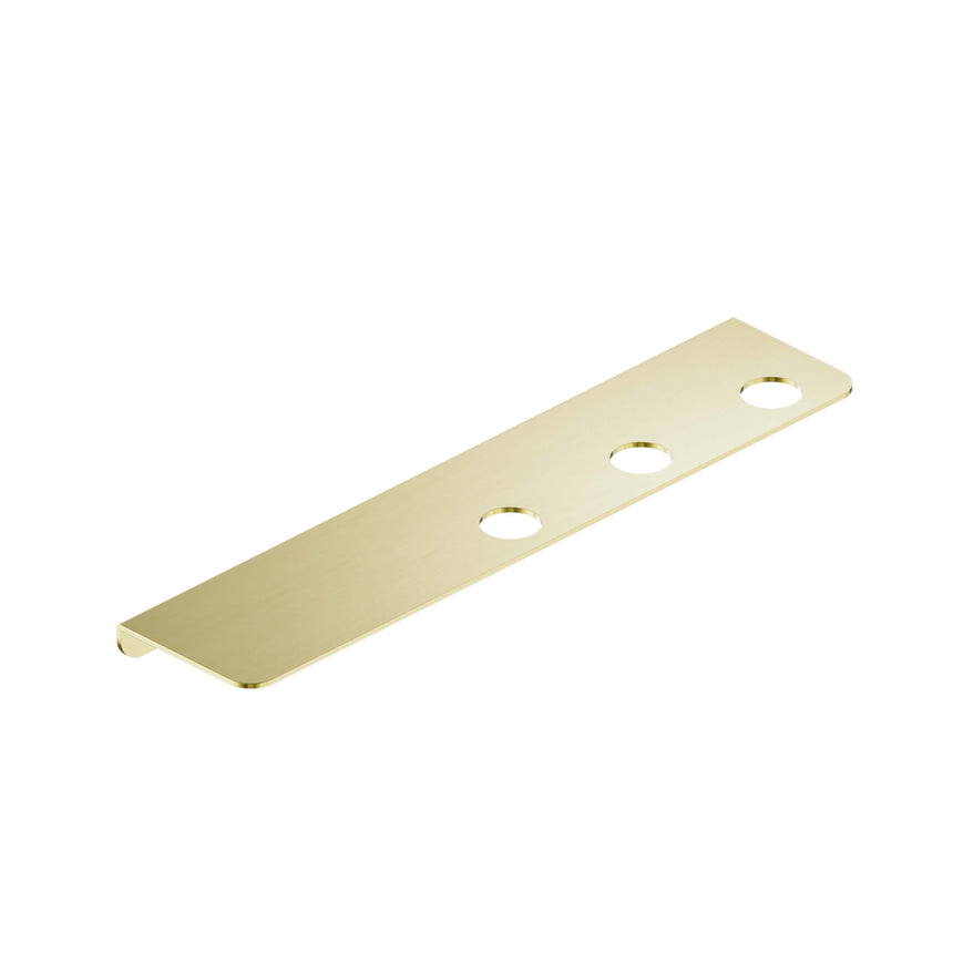 Nero Mecca 90x410mm triple soap bottle holder with shelf in brushed gold, angled view by Tilemall
