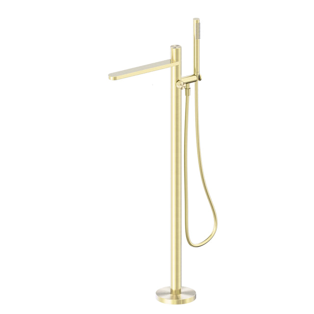 Nero Pure 440x160mm brushed gold freestanding bath mixer by Tilemall with tall vertical column and handheld shower