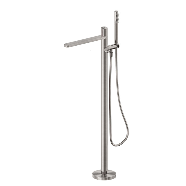 Nero Pure 440x160mm brushed nickel freestanding bath mixer by Tilemall with single lever handle and handheld shower
