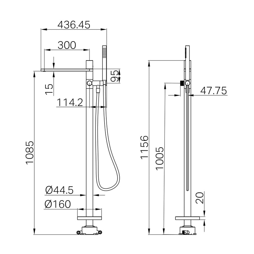Technical installation dimensions for Nero Pure 440x160mm freestanding bath mixer showing height and spread specifications by Tilemall