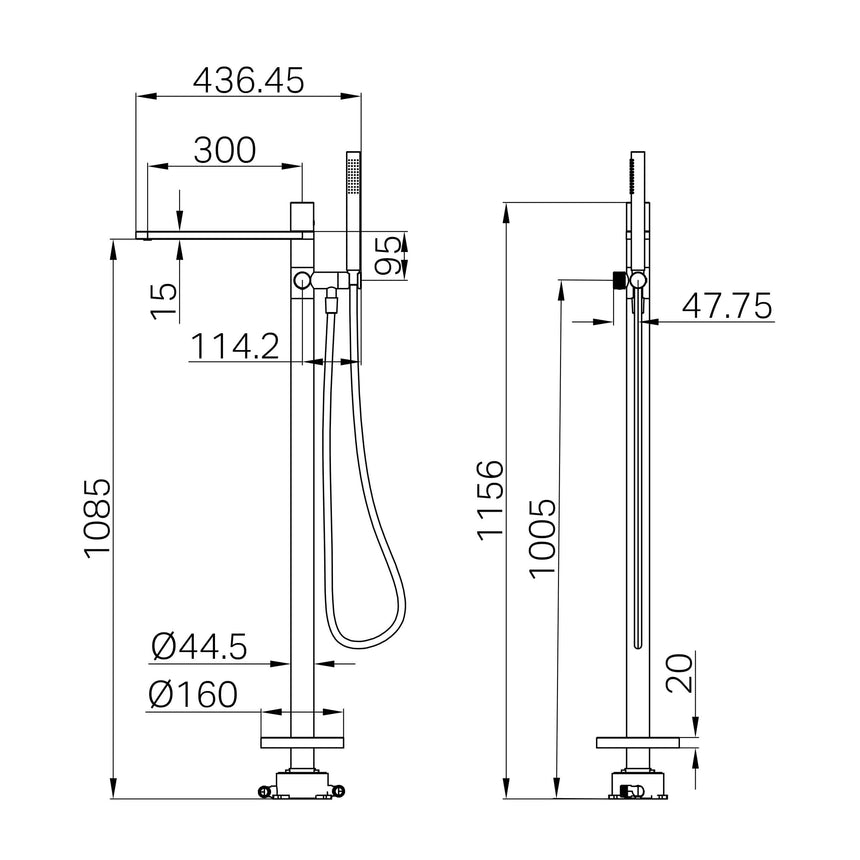 Installation dimensions diagram for Nero Pure 440x160mm freestanding bath mixer showing technical specifications by Tilemall