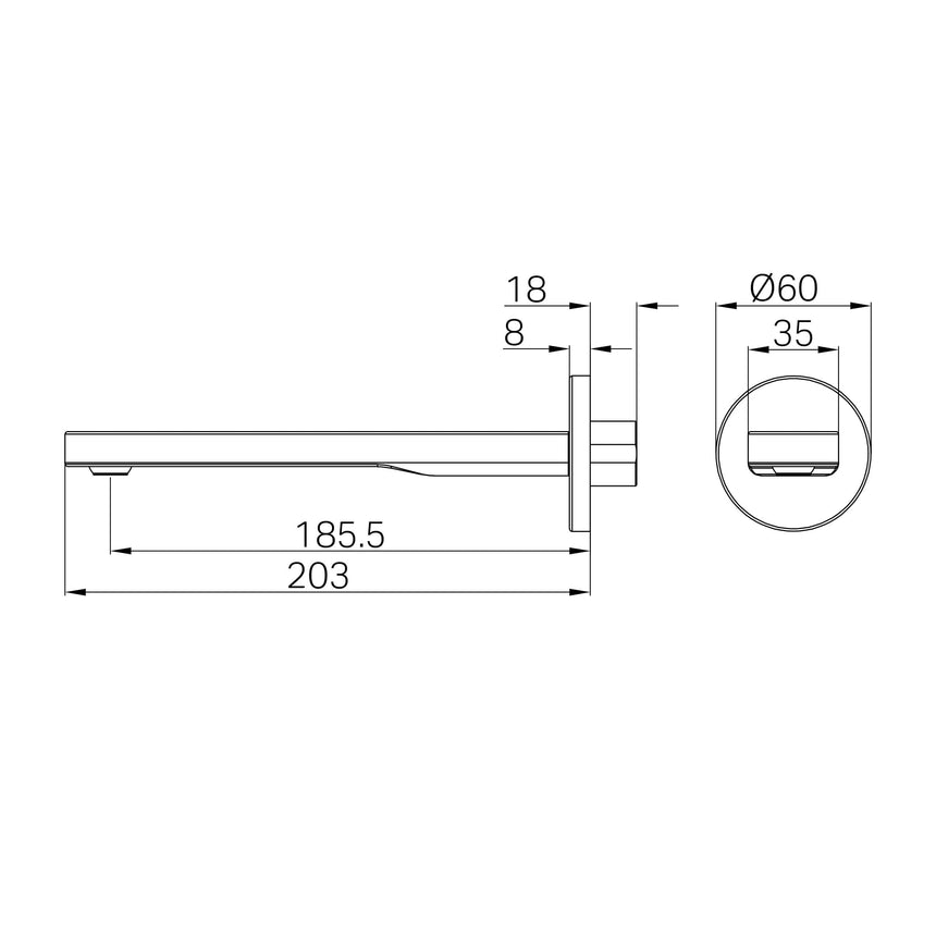 Technical installation dimensions for Nero Pure bath spout showing 203mm overall length by Tilemall