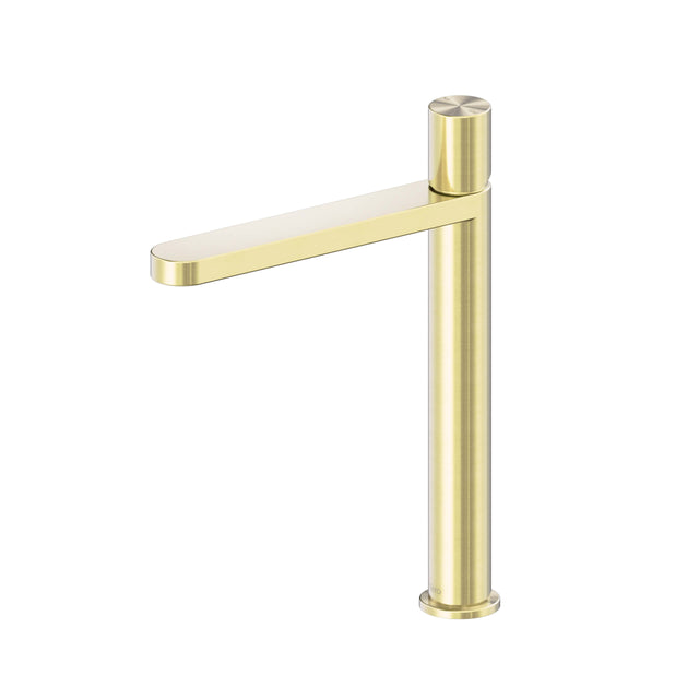 Nero Pure 230x45mm brushed gold tall basin mixer by Tilemall with cylindrical body and single lever
