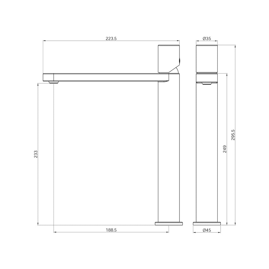 Technical installation dimensions for Nero Pure tall basin mixer showing 233mm height and 223.5mm spout reach by Tilemall