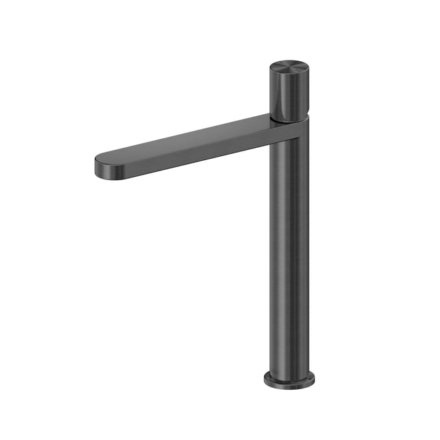 Nero Pure 230x45mm graphite tall basin mixer by Tilemall with cylindrical body and extended spout