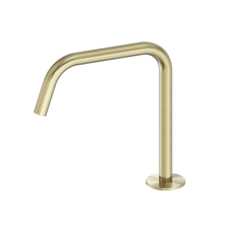 Nero Serenity 230x60mm brushed gold bath spout with curved outlet and round base by Tilemall