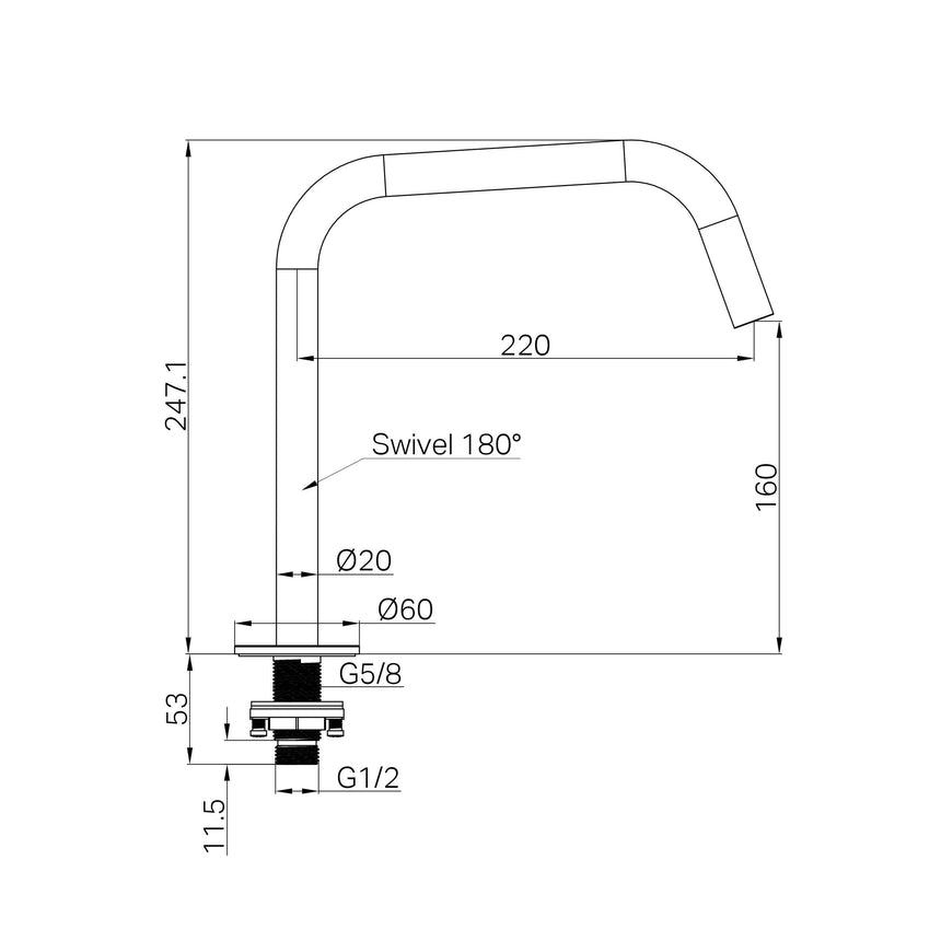 Technical specifications for Nero Serenity 230x60mm bath spout showing installation dimensions and 180° swivel by Tilemall