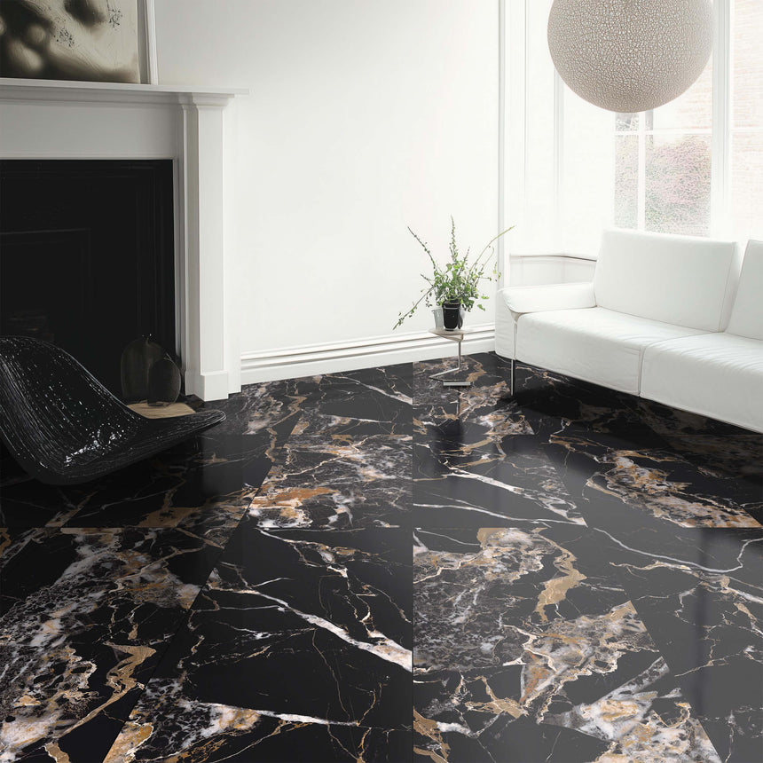Melbourne 1200x600 Double Deep Gloss Black Marble Look Rectified Marble Look Tiles Tilemall