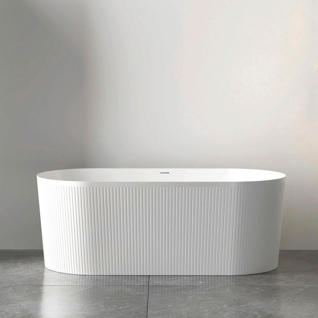 Freestanding oval acrylic bathtub by Tilemall, Otti Attica Noosa 1500mm, gloss white with fluted exterior and overflow