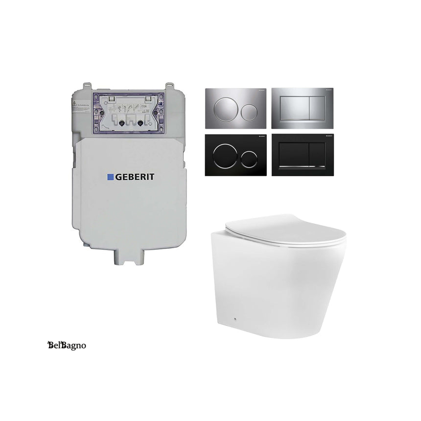 BelBagno Flay-R GEBERIT package components: in-wall cistern, flush plate finishes in chrome, stainless, and black by Tilemall