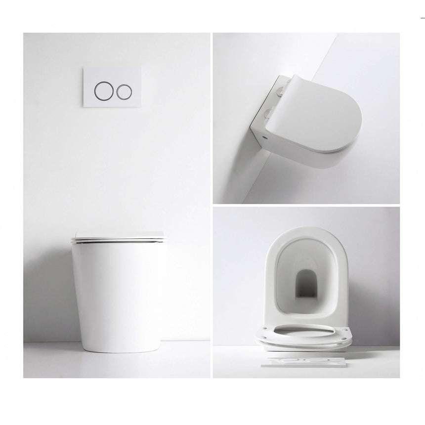 BelBagno Flay-R installation details showing GEBERIT flush plate, wall bracket and open bowl view by Tilemall