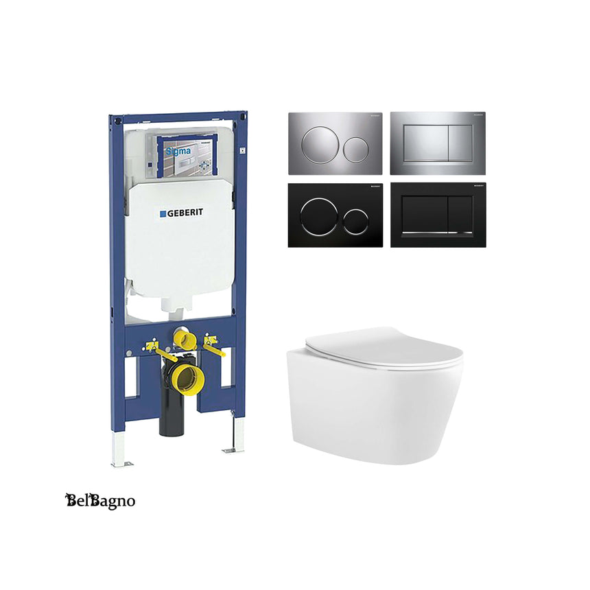 BelBagno Flay-R complete wall-hung GEBERIT package with frame, flush options and gloss white pan by Tilemall