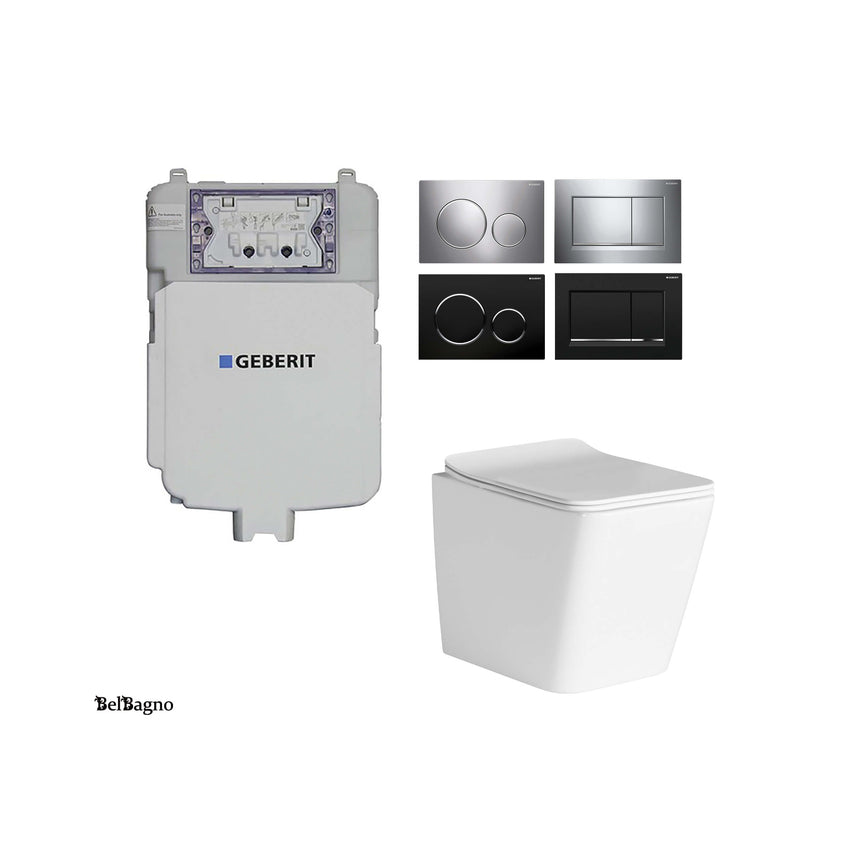 BelBagno Ardente-R GEBERIT package components including white cistern, flush plates and floor-standing toilet bowl by Tilemall