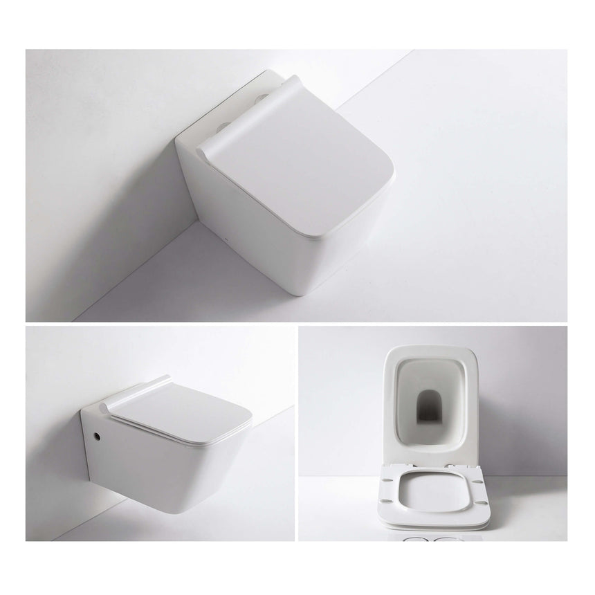 Multiple views of BelBagno Ardente-R wall-hung toilet: corner angle, side profile, and open seat detail by Tilemall