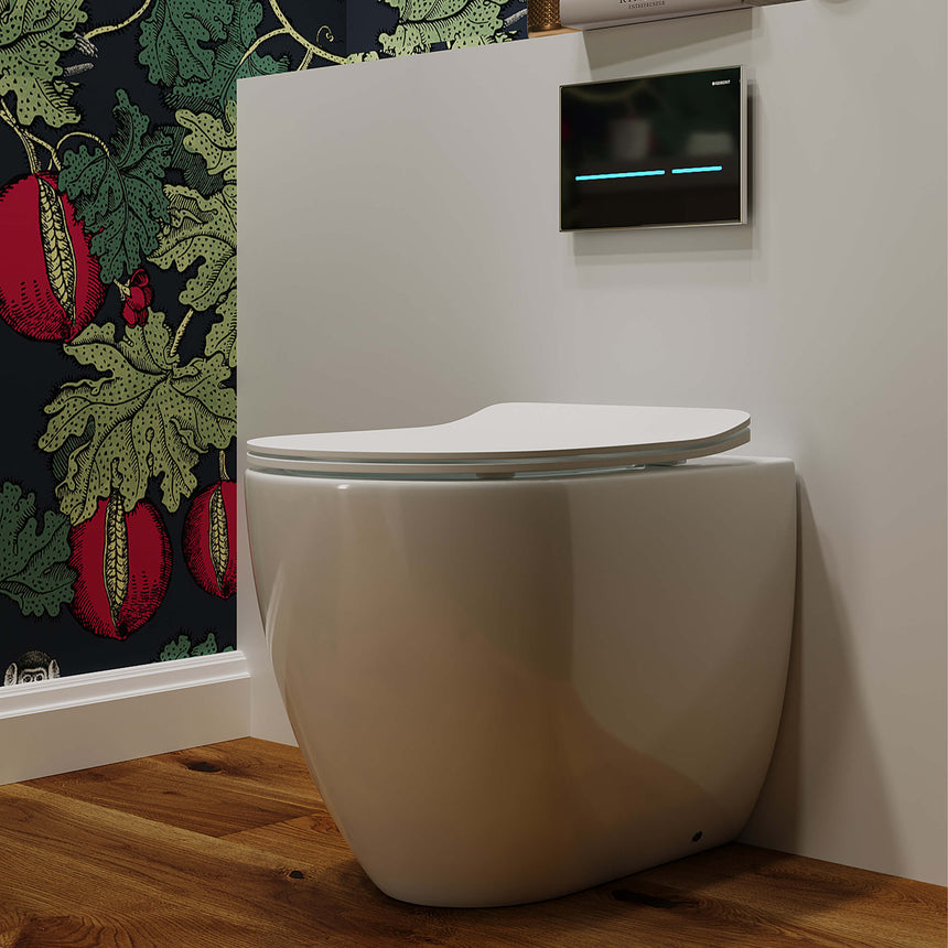 Side view of BelBagno Alexander-R floor-standing toilet showing curved ceramic bowl and soft-close seat by Tilemall