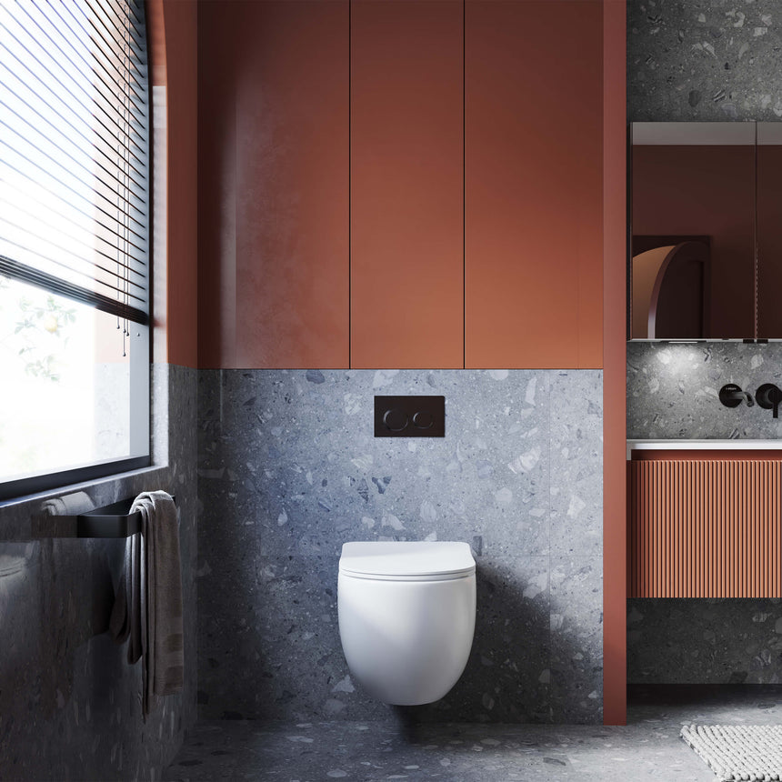 Alexander-R white wall-hung toilet by BelBagno in contemporary ensuite with terracotta and grey aggregate finishes by Tilemall