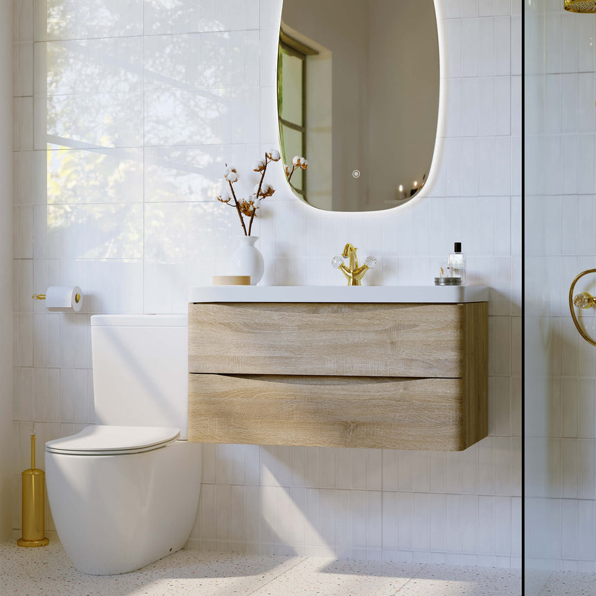 BelBagno Alexander-R white rimless toilet installed in modern bathroom interior with natural oak vanity by Tilemall