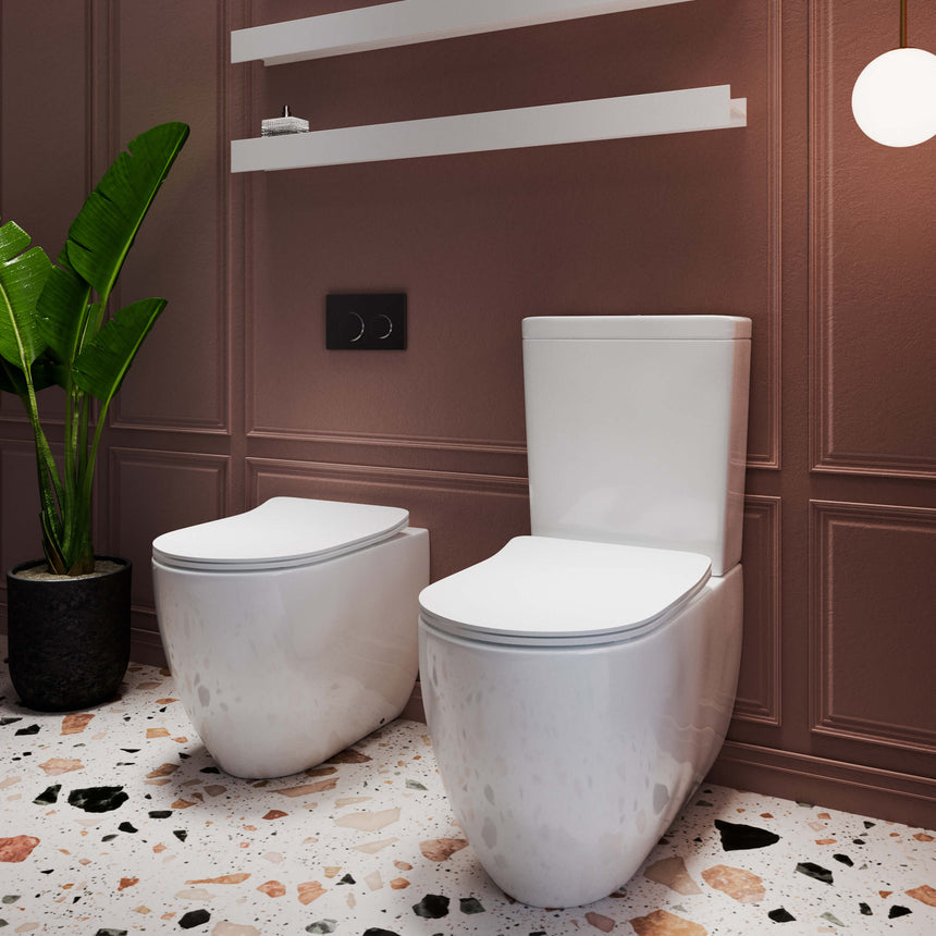 BelBagno Alexander-R gloss white rimless toilet suite by Tilemall displayed in styled bathroom