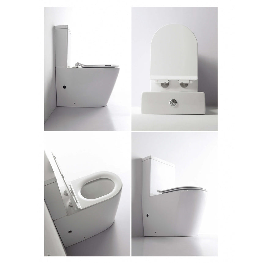 BelBagno Flay-R toilet detail views showing rimless bowl design, soft-close seat, and integrated cistern by Tilemall