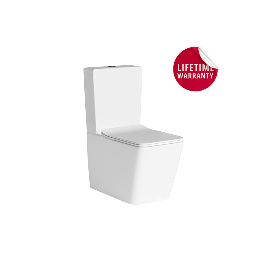 Close-coupled rimless ceramic toilet suite by Tilemall, BelBagno Ardente-R series, gloss white with soft-close seat