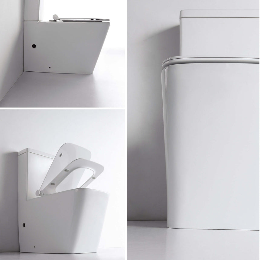 Detail shots of BelBagno Ardente-R toilet showing rimless bowl edge, soft-close seat hinge, and back-to-wall design by Tilemall