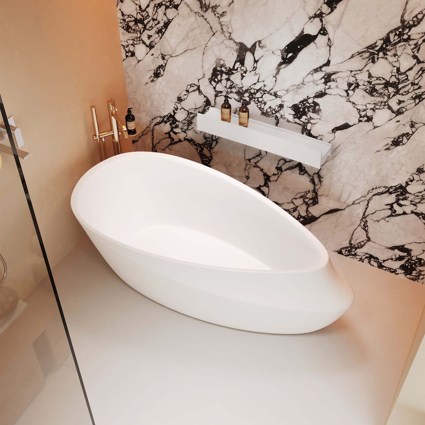BelBagno H Collection 800x140mm shelf installed in modern bathroom above marble-effect wall tiles with bath below by Tilemall