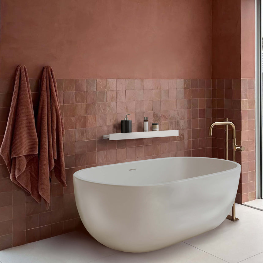 BelBagno H Collection 800x140mm matte white shelf mounted on pink tile bathroom wall above freestanding bathtub by Tilemall
