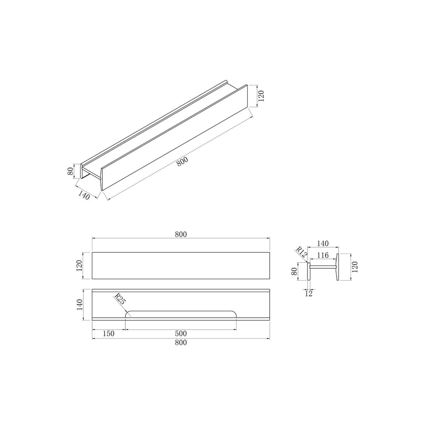 BelBagno H Collection technical specifications diagram for 800mm shelf showing dimensions 800L x 140D x 120H mm by Tilemall