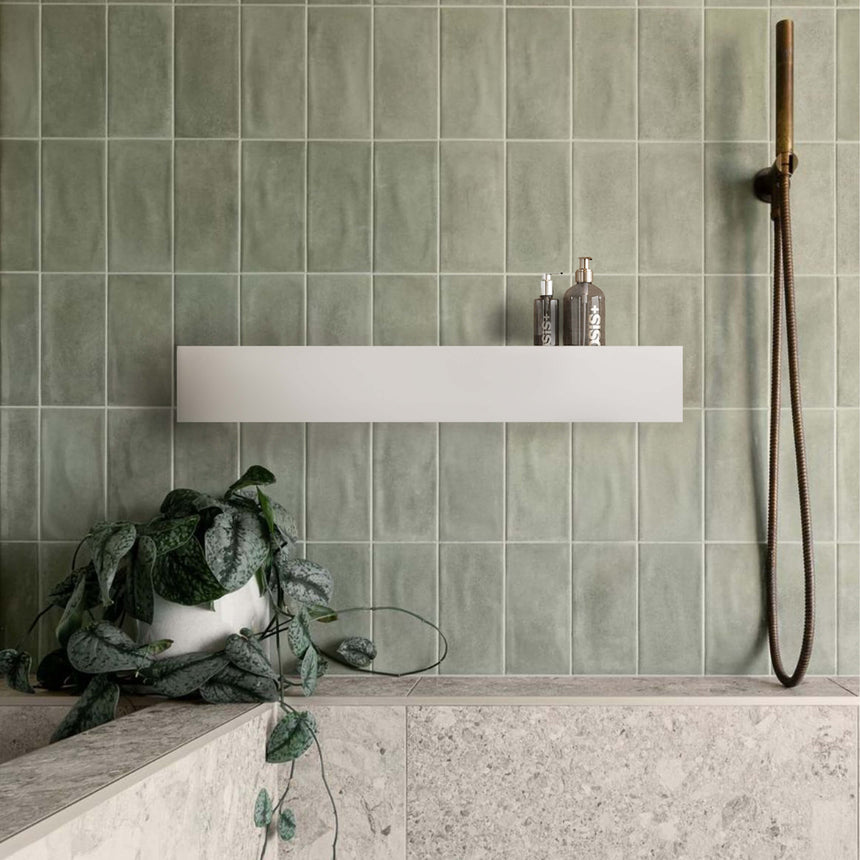 BelBagno H Collection matte white shelf 1200mm installed in bathroom holding toiletries by Tilemall