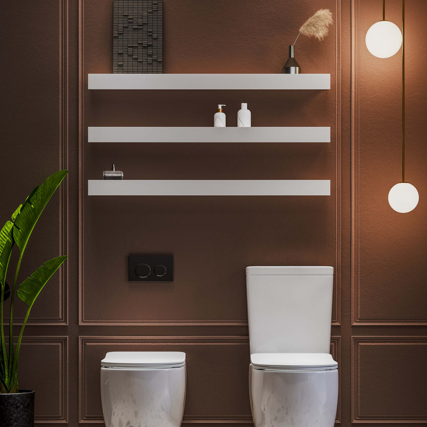 BelBagno H Collection 1200x140mm matte white shelves stacked in bathroom displaying multiple units by Tilemall