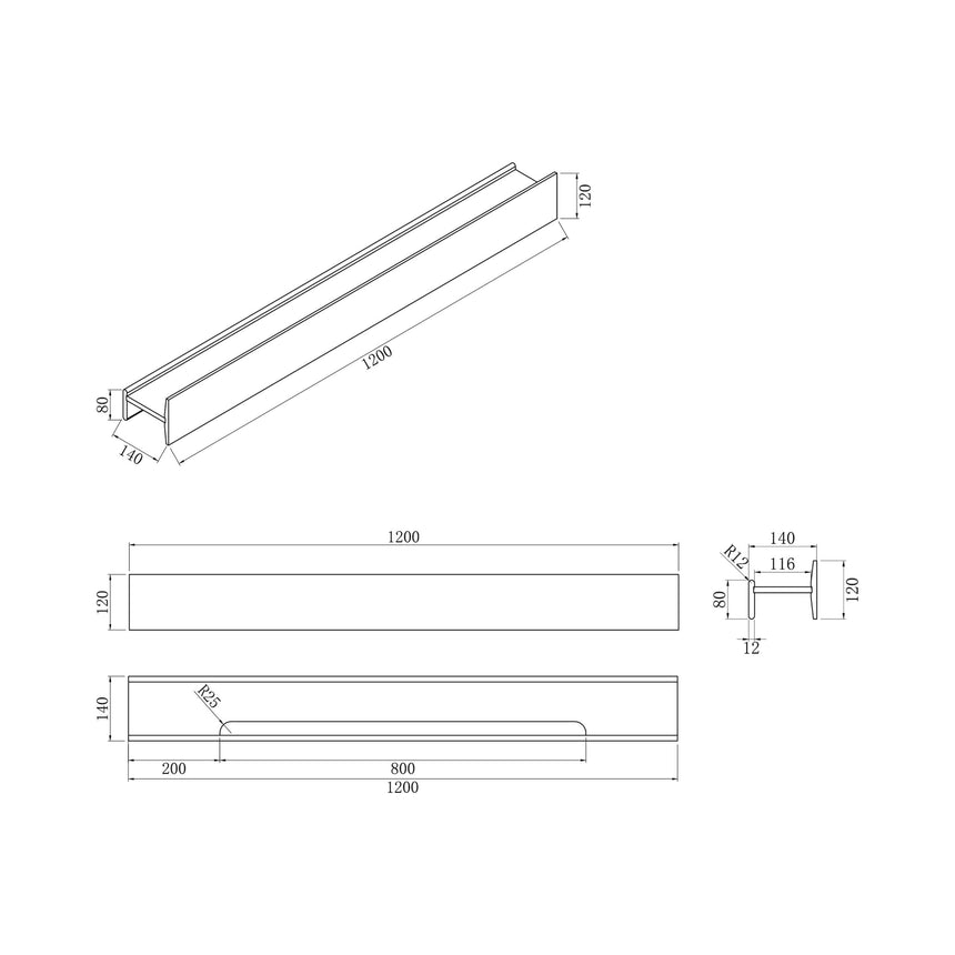Technical specifications diagram for BelBagno H Collection shelf 1200mm showing dimensions by Tilemall