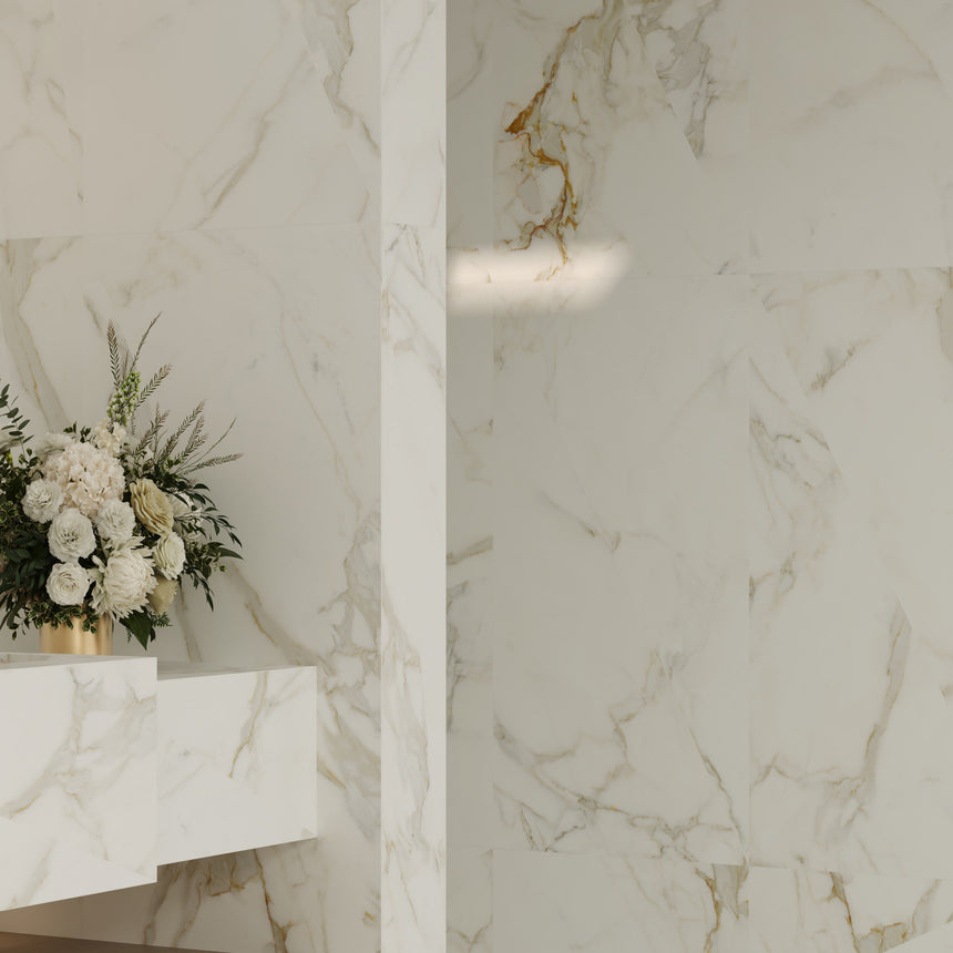 Calacatta Royal 1200x600 Silk Tech White Marble Look Rectified