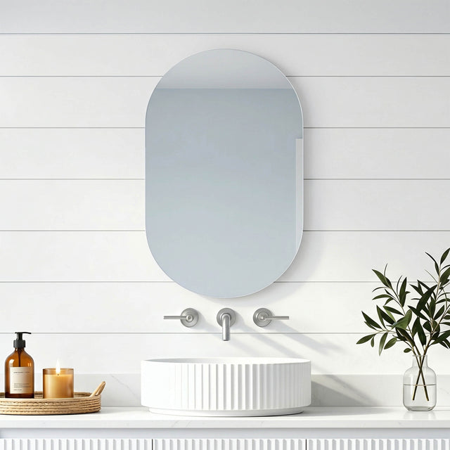 Lukka Plain Mirror 600x900mm frameless bathroom mirror with pencil edge installed above white vessel basin by Tilemall