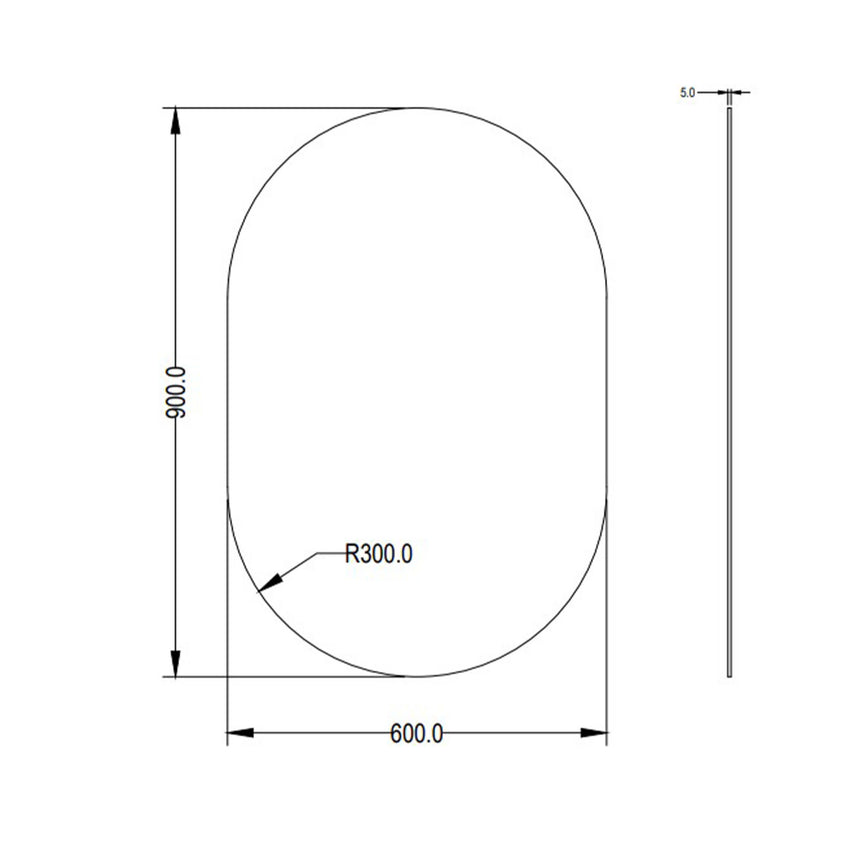 Technical dimensions diagram for Lukka Plain Mirror 600x900mm with pencil edge radius R300 by Tilemall