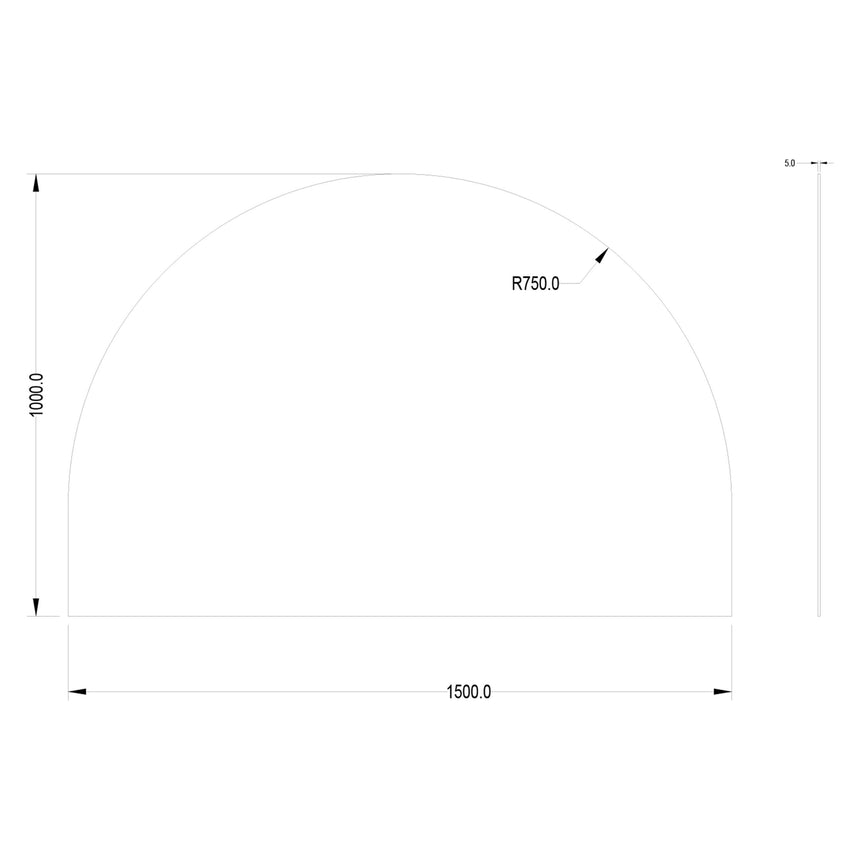 Technical dimensions diagram for Lukka Arco 1500x1000mm Plain Mirror with R750.0 curve radius and 5mm thickness by Tilemall
