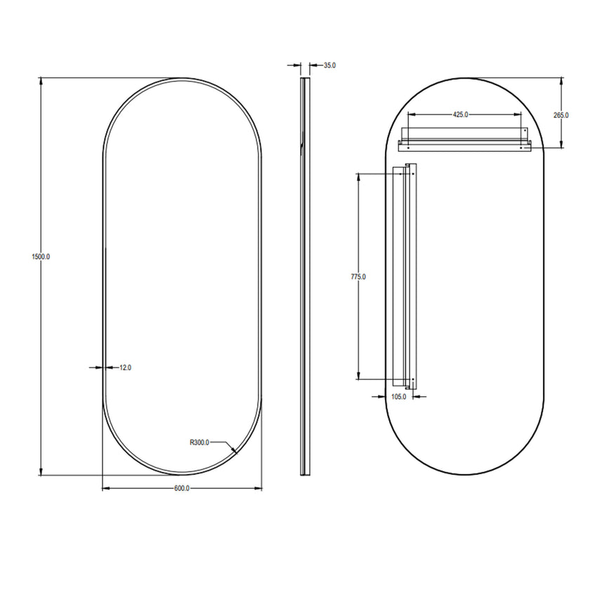 Technical dimensions diagram for Lukka Ellips 600x1500mm framed mirror showing front, side and detail views by Tilemall