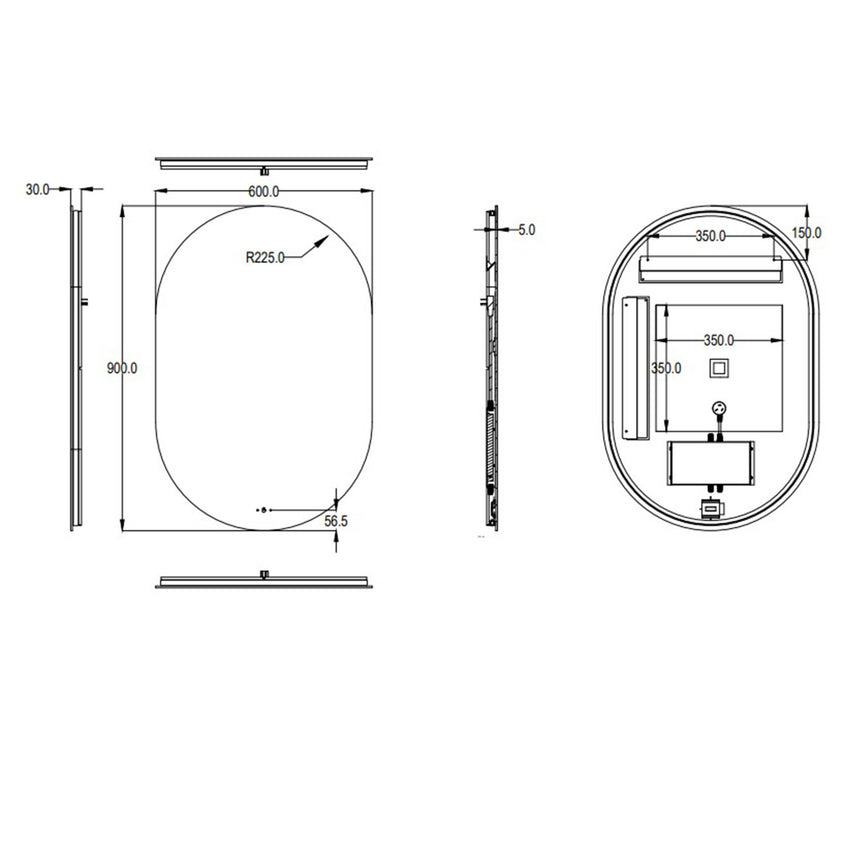 Technical dimensions diagram for Lukka Ellips 600x900mm LED back-lit mirror showing front, side and rear views by Tilemall