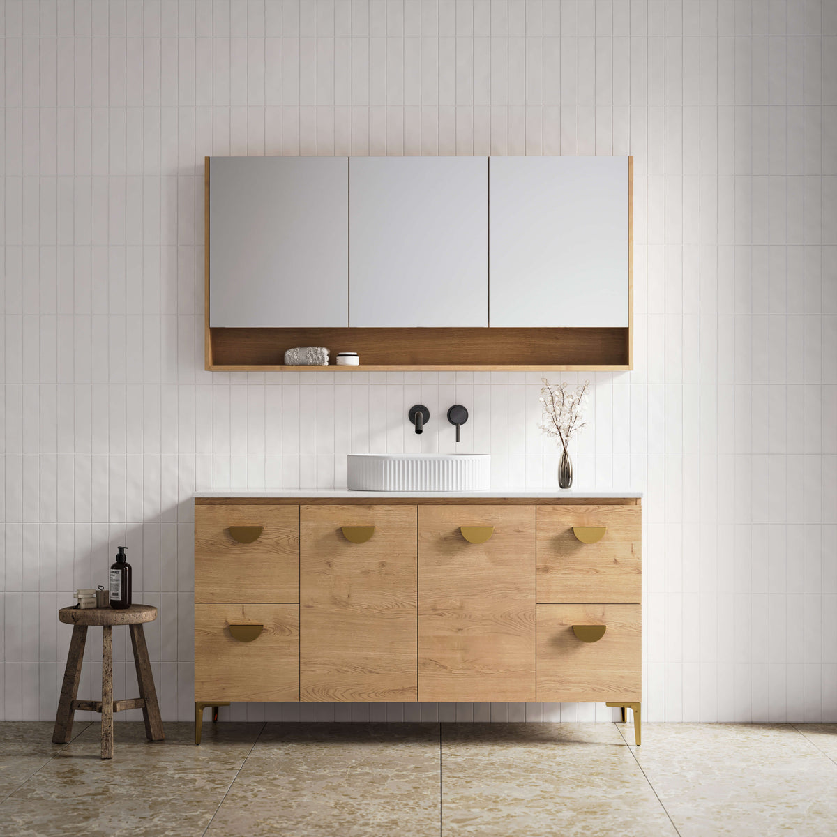 Timberline Nevada freestanding vanity by Tilemall with natural oak legs, silk surface top, eight drawers with brass