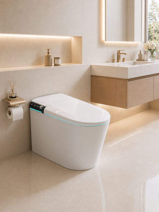 Lukka Evo wall-faced smart toilet with U1 smart seat installed in modern bathroom ensuite by Tilemall
