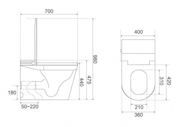 Technical dimensions diagram for Lukka Evo wall-faced smart toilet: 700mm width, 800mm height, 475mm bowl depth by Tilemall