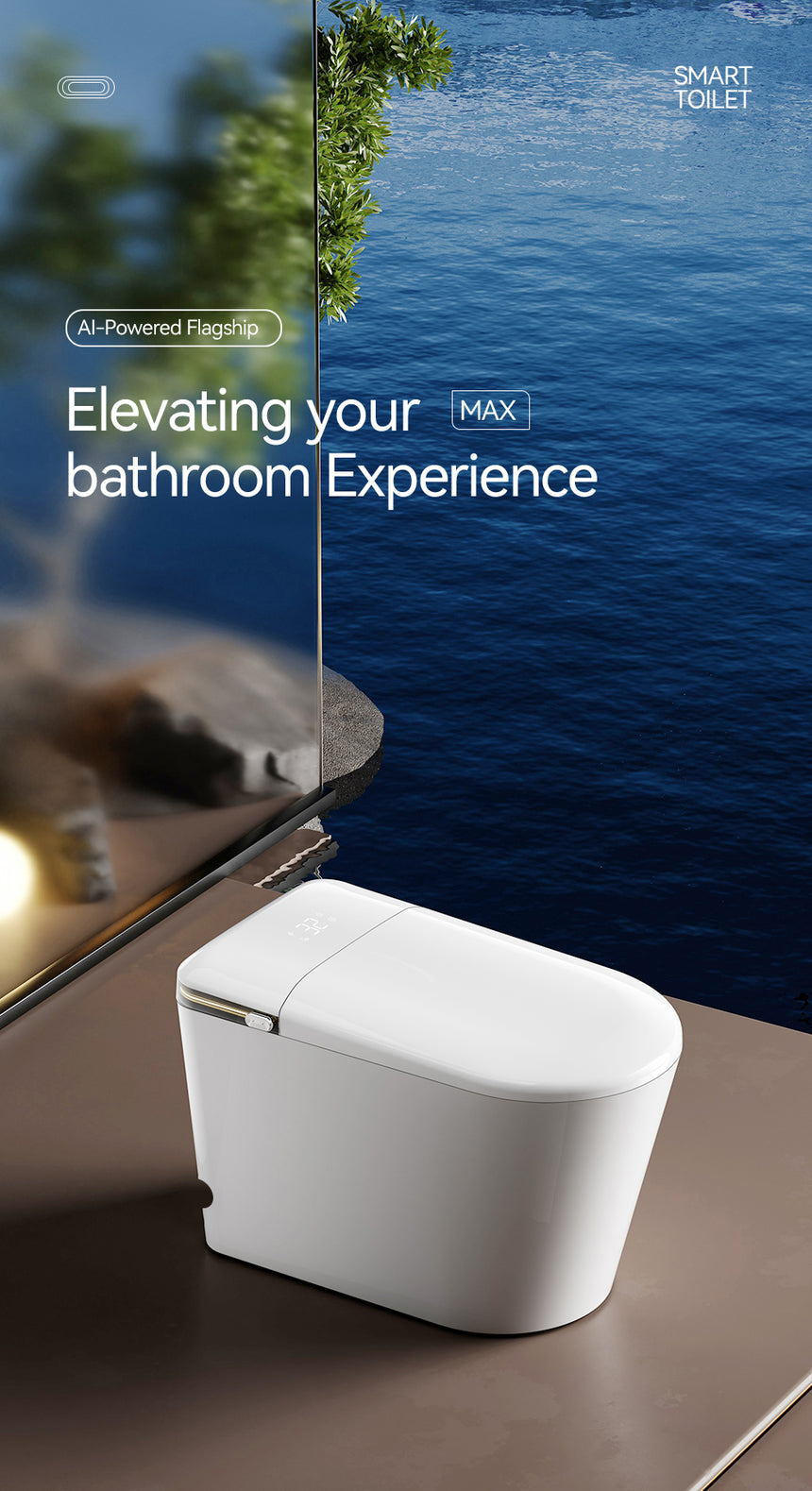 Lukka Evo porcelain smart toilet with U7 seat, front 3/4 view showing seamless integrated design by Tilemall