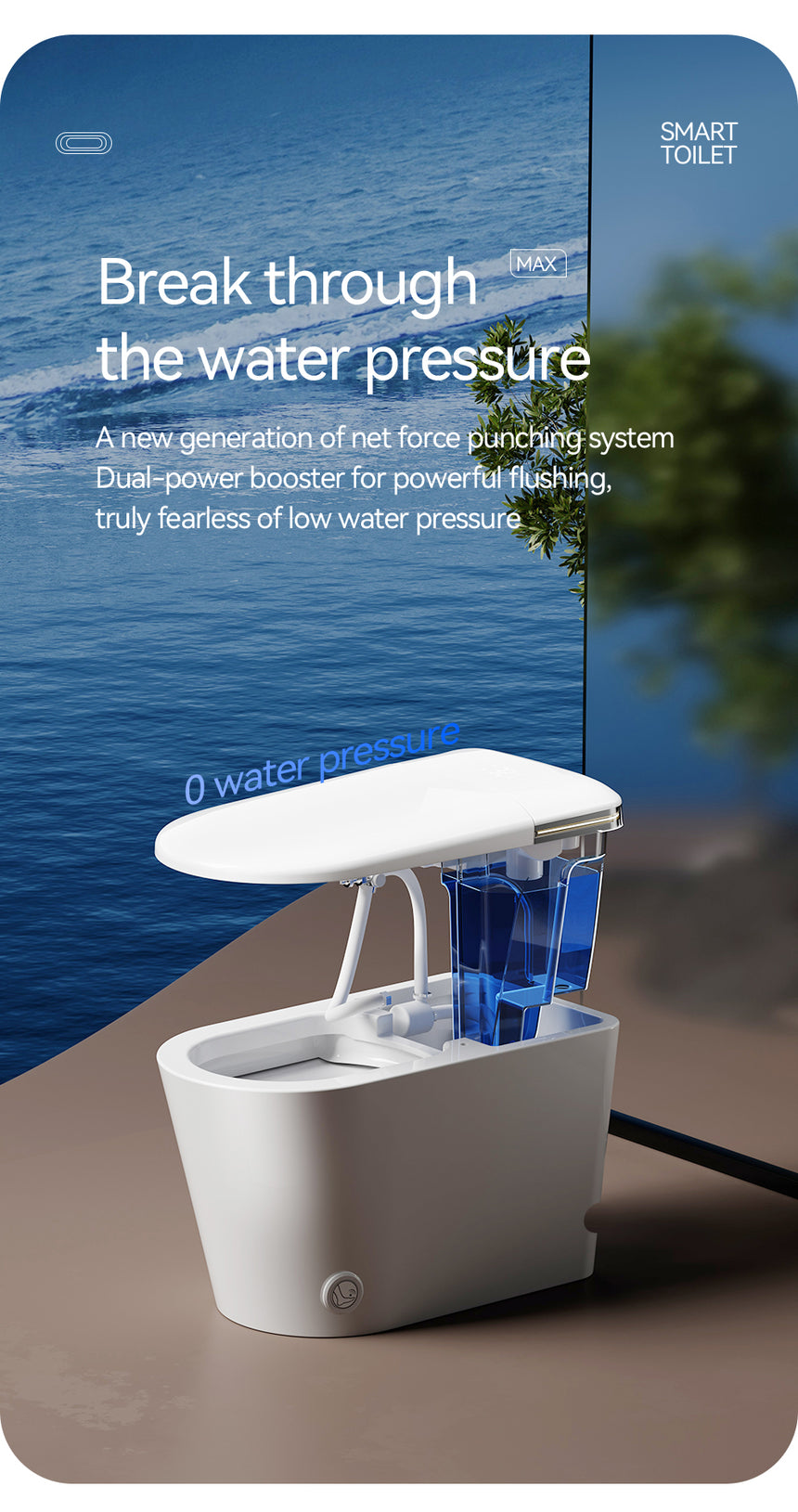 Lukka Evo smart toilet cross-section showing dual-power net force punching flush system by Tilemall