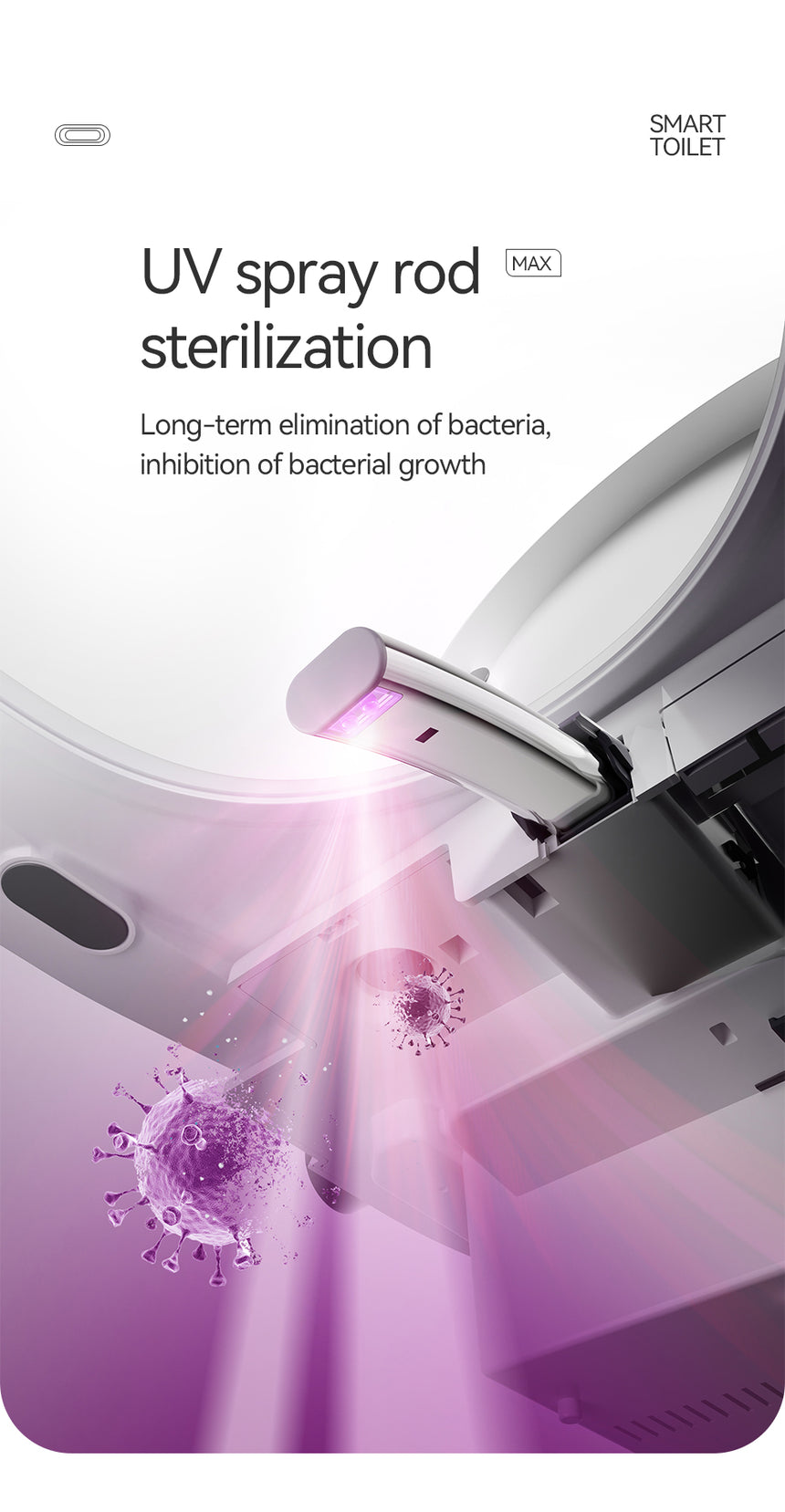 UV spray rod sterilization feature of Lukka Evo U7 smart seat with bacteria elimination by Tilemall