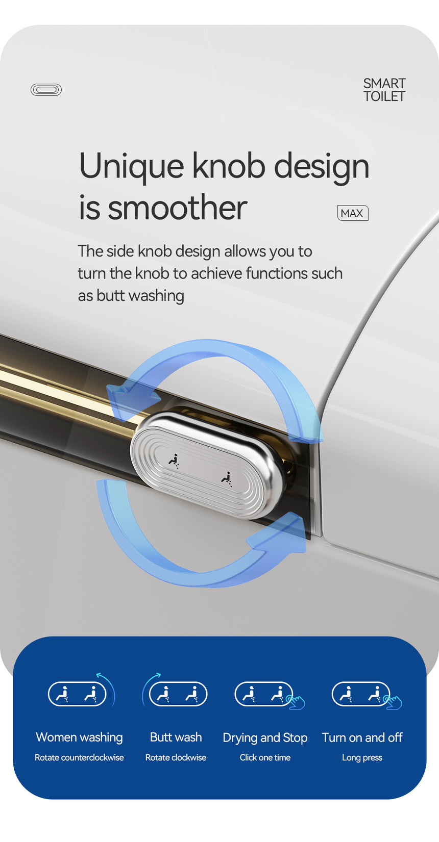 Lukka Evo U7 smart seat side knob control design with operation modes: women wash, butt wash, drying, power by Tilemall